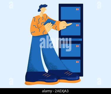 Male engineer of technical support making diagnostic server isolated at white background Stock Vector