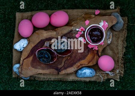 Asian Traditional Food, Pink Century eggs (Pidan Eggs) also known as preserved egg, hundred-year egg, thousand-year egg are a Chinese preserved food p Stock Photo