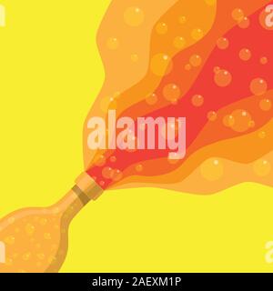 A champagne bottle popping with trail of liquid and bubbles. Flat style in orange and yellow tones. Suitable for festive invitations or celebration ca Stock Vector