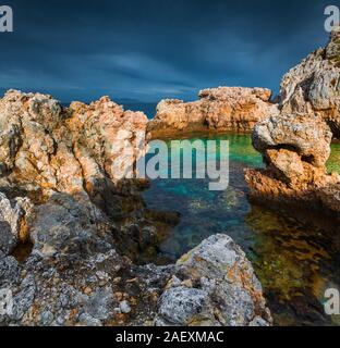 Dramatic spring evening on the cape Milazzo, nature reserve Piscina di Venere, Sicily, Italy, Tyrrhenian sea, Europe. Stock Photo