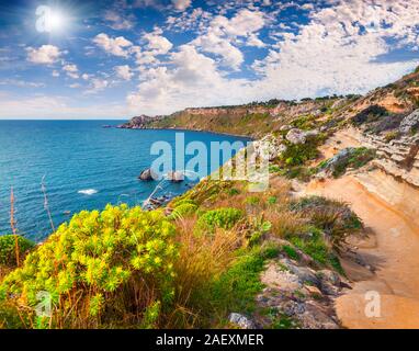 Colorful spring morning in the harbor and cape Milazzo with nature reserve Piscina di Venere, Sicily, Italy, Tyrrhenian sea, Europe. Stock Photo