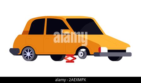Sedan car standing on lifting jack for flat tire replacement Stock Vector