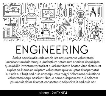 Engineering banner template with graphic linear icons and text Stock Vector