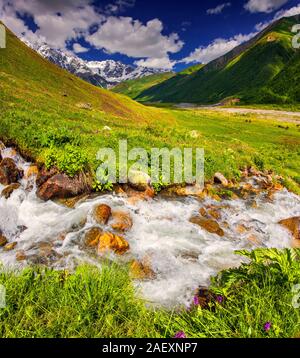 Fantastic landscape with a river in the mountains. Upper Svaneti, Georgia, Europe. Caucasus mountains. Stock Photo
