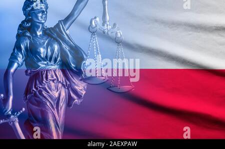 Flag of Poland with figure of Justice with scales Stock Photo