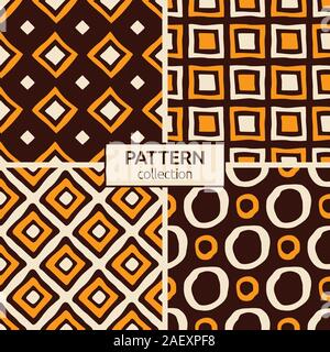 Set of four abstract seamless patterns of hand drawn shapes. Textured circles patterns. Brush strokes. Geometric shapes ornaments. Diagonal lines. Stock Vector