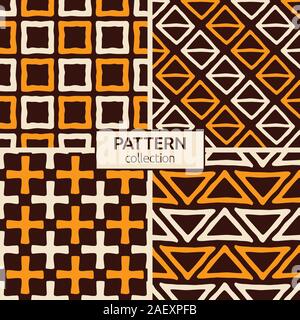 Set of four abstract seamless patterns of hand drawn shapes. Textured circles patterns. Brush strokes. Geometric shapes ornaments. Diagonal lines. Stock Vector