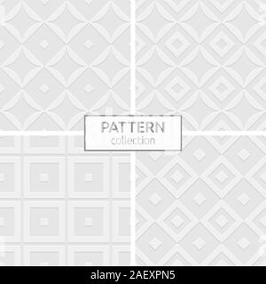 Set of four abstract seamless patterns. Modern stylish backgrounds. White and gray geometric textures. Repeating geometric ornaments. Volumetric. Stock Vector