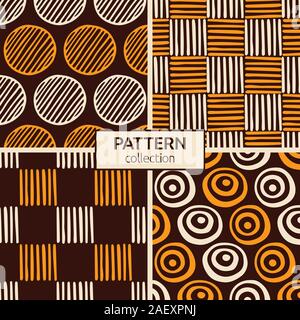 Set of four abstract seamless patterns of hand drawn shapes. Textured circles patterns. Brush strokes. Geometric shapes ornaments. Diagonal lines. Stock Vector