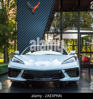 PLYMOUTH, MI/USA - JULY 28, 2019: A 2020 Chevrolet Corvette mid-engine car on display at the Concours d'Elegance of America car show at The Inn at St. Stock Photo