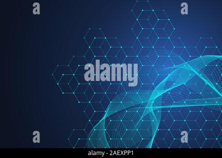 Hexagons abstract background with geometric particles shapes. Science, technology and medical concept. Graphic futuristic background wave flow hex for Stock Vector