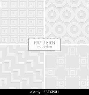 Set of four abstract seamless patterns. Modern stylish backgrounds. White and gray geometric textures. Repeating geometric ornaments. Volumetric. Stock Vector