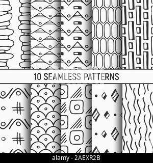 Set of ten monochrome hand drawn seamless patterns. Doodle style illustrations, rounded squares, stripes and circles. Prints for decor, packaging. Stock Vector