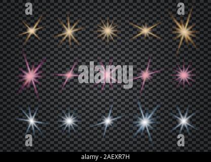Christmas stars set on transparent background. Stardust wave is glittering. Collection of sparkling golden, blue, pink lights. Bright shining beams. Stock Vector