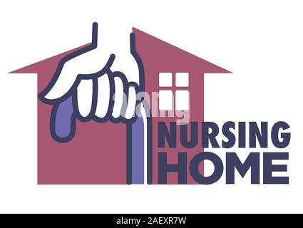 Nursing home logo with hand holding cane and house icon Stock Vector