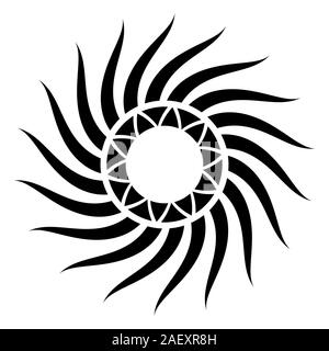 Abstract sun symbol, isolated on white background. Circular, radial abstract geometric rays, flame, burst. Geometric elements. Logo, sign. Vector. Stock Vector