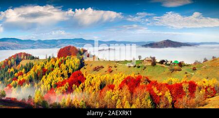 Foggy morning scene in the mountain village Babyn. Colorful autumn panorama of the Carpathian mountains, Ukraine, Europe. Artistic style post processe Stock Photo