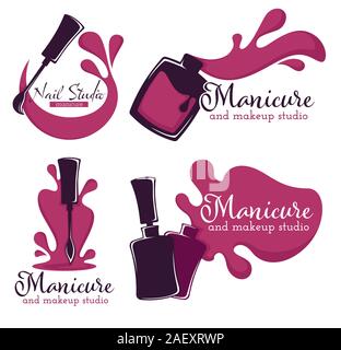 Manicure and makeup studio logo set with spilled nail polish Stock Vector