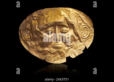 Mycenaean gold death mask, Grave Cicle A, Mycenae, Greece. National Archaeological Museum of Athens.  Black Background  This death mask is typical of Stock Photo