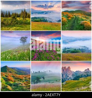 Collage with 9 square summer landscapes. Stock Photo