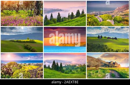 Collage with 9 colorful summer landscapes. Stock Photo