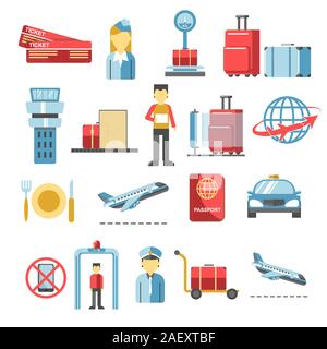 Air travel by plane and airport terminal icons collection Stock Vector