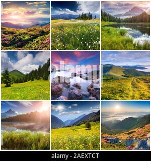 Collage with 9 square summer landscapes. Stock Photo