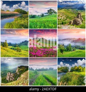 Collage with 9 square summer landscapes. Stock Photo