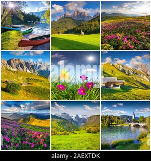 Collage with 9 square summer landscapes. Stock Photo