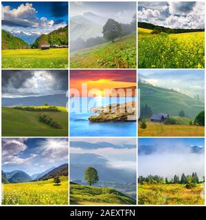 Collage with 9 square summer landscapes. Stock Photo