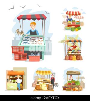 Farm market stands and booths with vendors offering various products Stock Vector