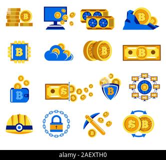 Bitcoin icons collection for cryptocurrency mining and exchange rate concept Stock Vector