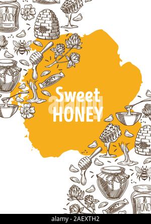 Sweet honey banner with hand drawn illustrations and yellow stain Stock Vector