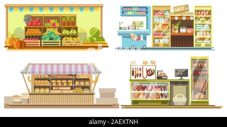 Food booths or grocery store interiors with products on display Stock Vector