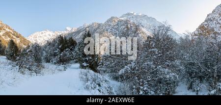 panorama of mountains in winter in sunny weather Stock Photo