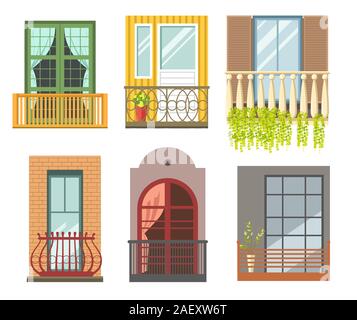 Balconies in different styles with cast iron or stone railings Stock Vector