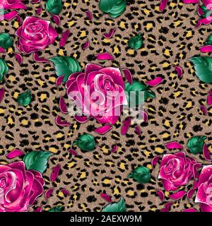 Leopard skin texture with seamless pink rose flowers. Animal fur pattern.Floral background. - illustration Stock Photo