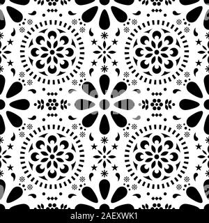 Mexican floral vector seamless pattern, traditional folk art black and white tiled design Stock Vector