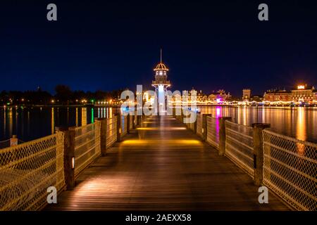 Orlando, Florida. December 06, 2019. Beautiful lighthouse in entertainment complex style old Atlantic City at Lake Buena Vista Stock Photo