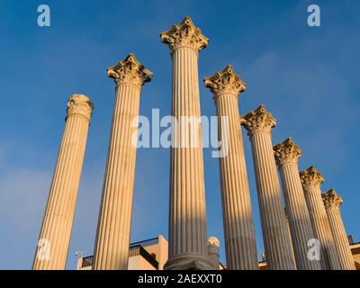Low angle view of Columns of Roman Temple, Cordoba, Andalusia, Spain Stock Photo