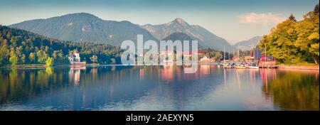 Bright sunny panorama of Brauhof village. Colorful summer panorama of the Grundlsee lake, Liezen District of Styria, Austria, Alps. Europe. Artistic s Stock Photo