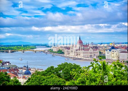 A view of Budapest, Hungary along the Danube River from Fisherman's Bastion. Stock Photo