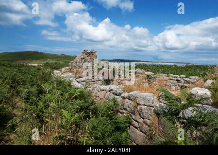 The sad ruins of Woodcock's cottage, abandoned in 1855, Samson, Isles of Scilly, England, UK Stock Photo