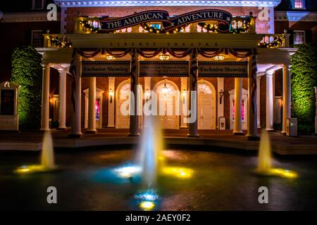 Orlando, Florida. December 06, 2019. Partial view of Liberty Theatre and fountain at Epcot. Stock Photo