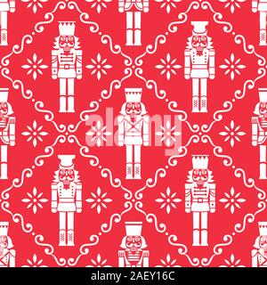 Christmas nutcrackers vector seamless pattern - Xmas soldier figurine repetitive white ornament on red, textile design Stock Vector