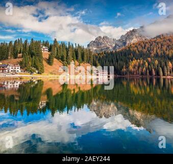 Sunny morning scene on Misurina lake in National Park Tre Cime di Lavaredo. Colorful autumn landscape in Dolomite Alps, South Tyrol, Location Auronzo. Stock Photo