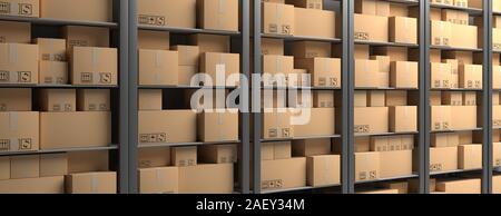 Cardboard boxes, storage warehouse shelves background, banner. Distribution, cargo and logistics concept. 3d illustration Stock Photo