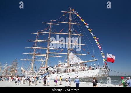 Polish full rigged training ship Dar Mlodziezy at Tall Ship Festival in Lisbon, Portugal. Stock Photo