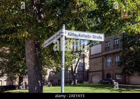 Street sign Karl-Liebknecht-Strasse and Käthe-Kollwitz Strasse at the Opera House and the Chemnitz Art Collections Stock Photo