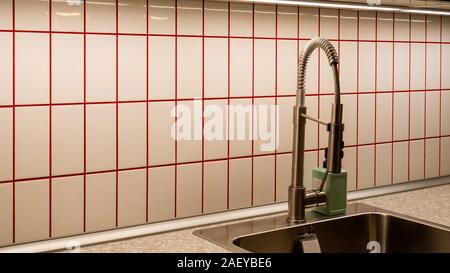 Kitchen made of fine tiles with red lines.  Stock Photo